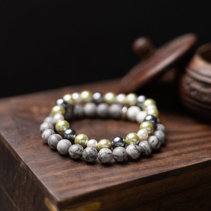 Black Jade Pearl & Grey Jasper Bead Bracelets Combo