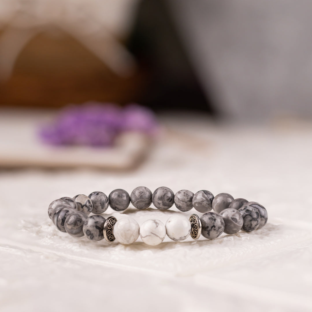 Grey Jasper Bead Bracelet with Howlite