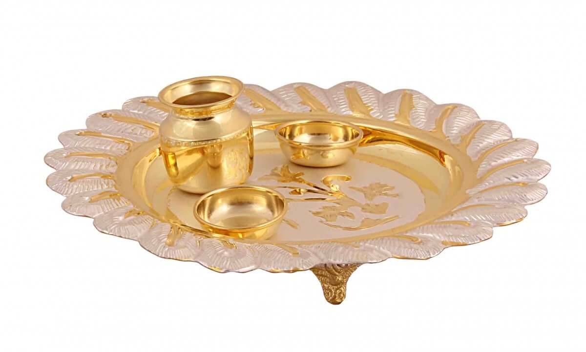 Silver Gift and Articles Handcrafted Pooja Thali with Gold Plated Image 1