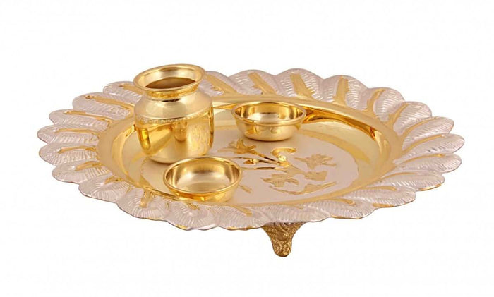 Silver Gift and Articles Handcrafted Pooja Thali with Gold Plated Image 1