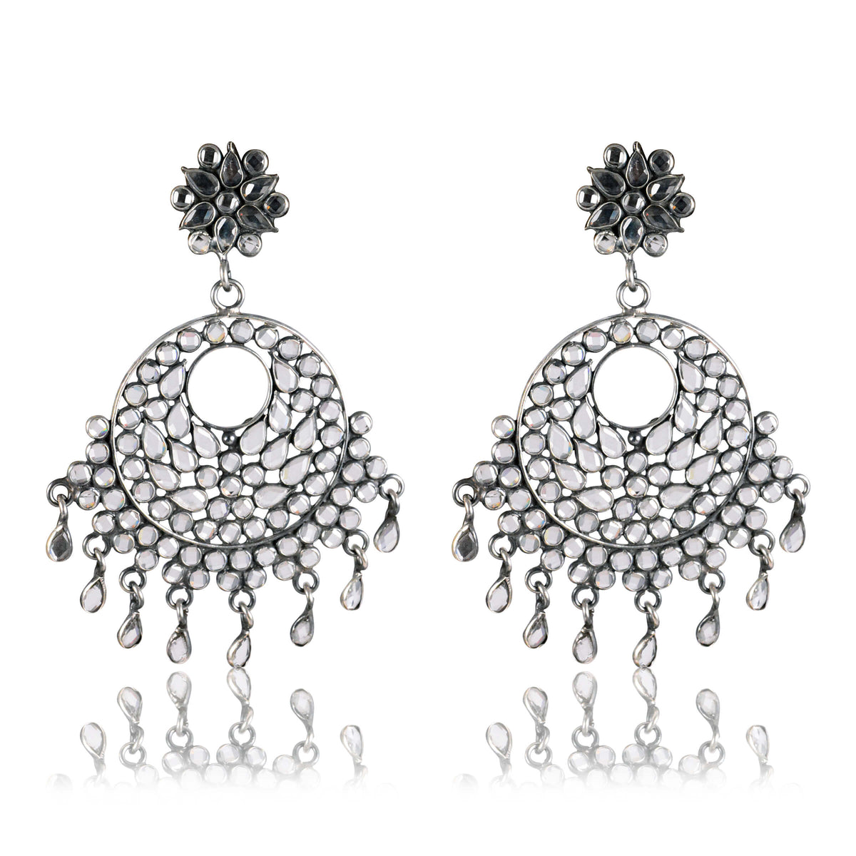 Tribal Earrings Black Crystal Silver Chandbali