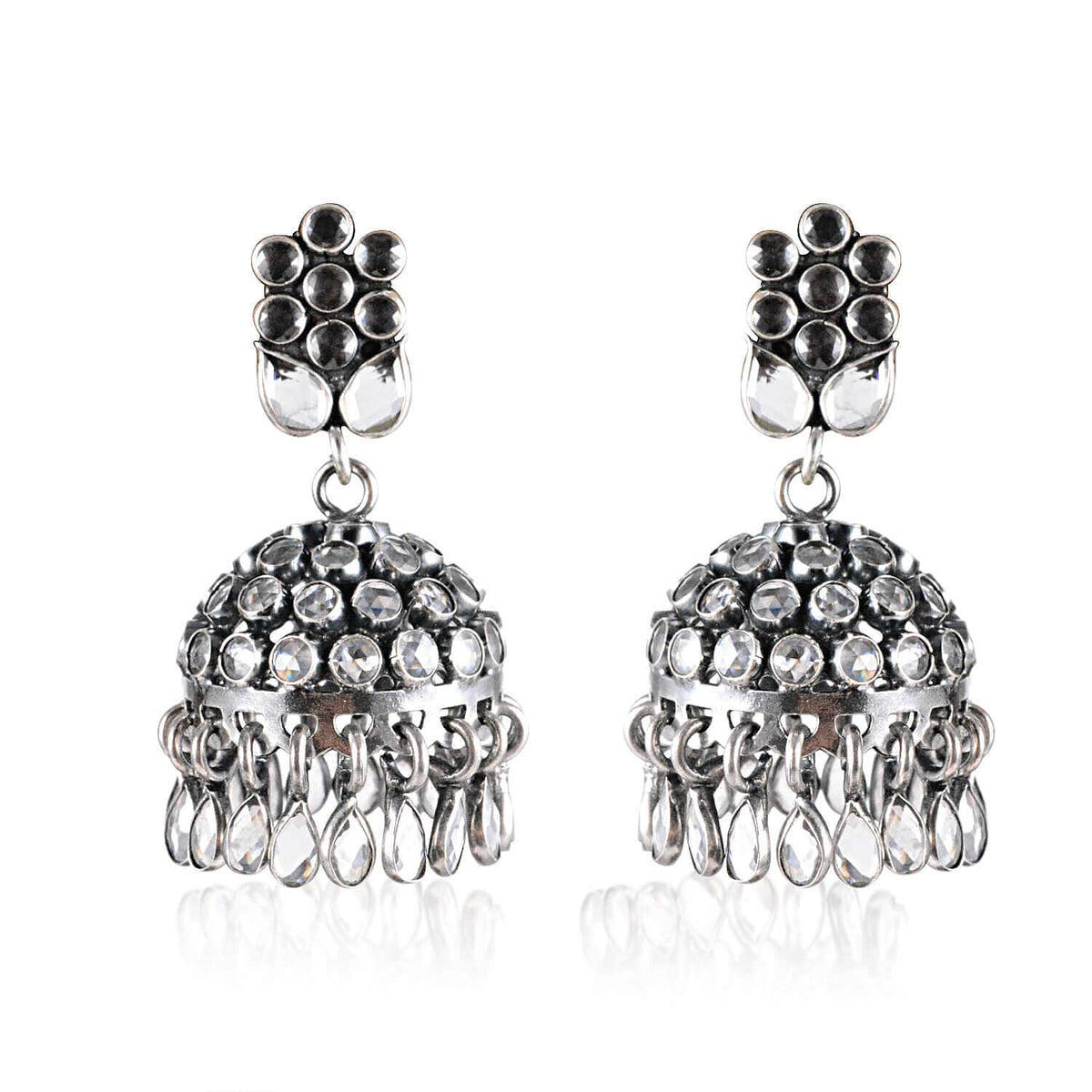 Tribal Earrings Crystal Stones Silver Jhumki