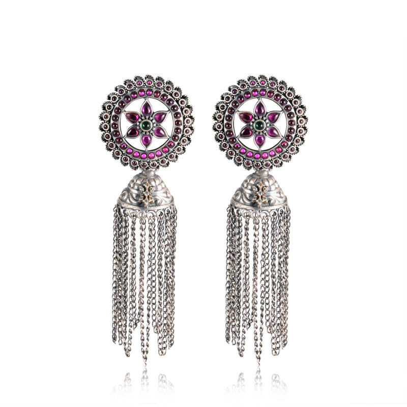 Tribal Earrings Mirza Long Chain Silver Jhumki