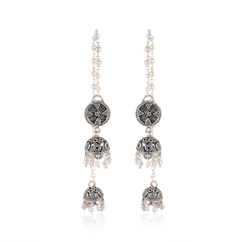 Tribal Earrings Pearl Chain Silver Earrings