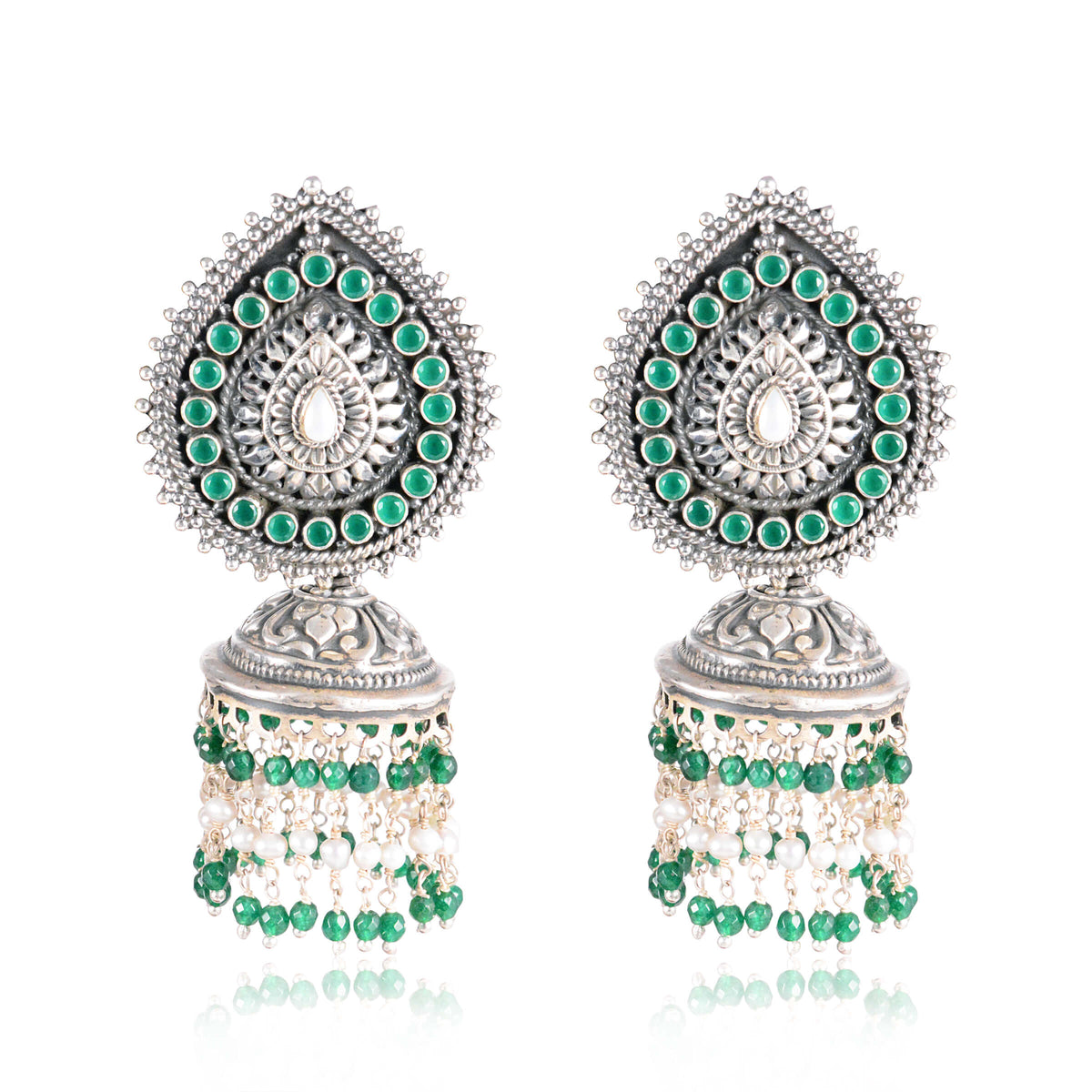 Tribal Earrings Saira Silver Jhumkas with Pearls